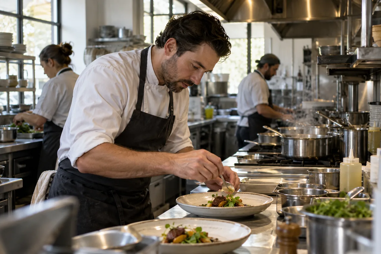 A chef plating a dish in a busy kitchen
