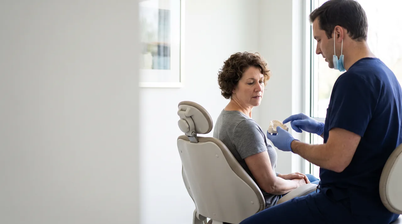 A dentist walking a patient through her treatment
